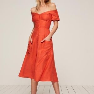 Reformation Orange Off-Shoulder Midi Dress